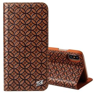 For iPhone X / XS Fierre Shann Copper Texture Magnetic Horizontal Flip Genuine Leather Case with Holder & Card Slot(Brown)