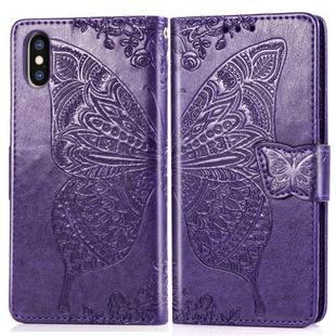 For iPhone XS Max Butterfly Love Flowers Embossing Horizontal Flip Leather Case with Holder & Card Slots & Wallet & Lanyard (Dark Purple)