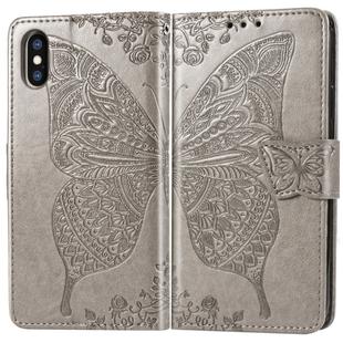 For iPhone XS Max Butterfly Love Flowers Embossing Horizontal Flip Leather Case with Holder & Card Slots & Wallet & Lanyard (Grey)
