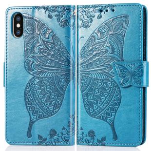 For iPhone XS Max Butterfly Love Flowers Embossing Horizontal Flip Leather Case with Holder & Card Slots & Wallet & Lanyard (Blue)