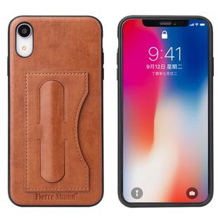 For iPhone XR Fierre Shann Full Coverage Protective Leather Case with Holder & Card Slot (Brown)