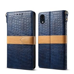 For iPhone XR Splicing Color Crocodile Texture PU Horizontal Flip Leather Case with Wallet & Holder & Card Slots & Lanyard (Blue)