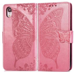 For iPhone XR Butterfly Love Flowers Embossing Horizontal Flip Leather Case with Holder & Card Slots & Wallet & Lanyard (Pink)