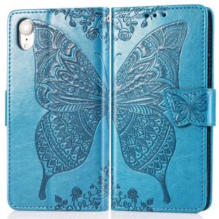 For iPhone XR Butterfly Love Flowers Embossing Horizontal Flip Leather Case with Holder & Card Slots & Wallet & Lanyard (Blue)