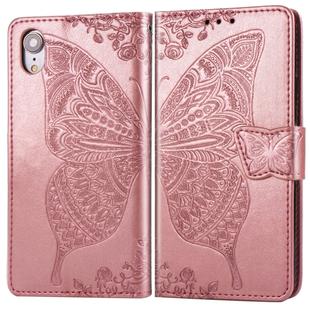 For iPhone XR Butterfly Love Flowers Embossing Horizontal Flip Leather Case with Holder & Card Slots & Wallet & Lanyard (Rose Gold)