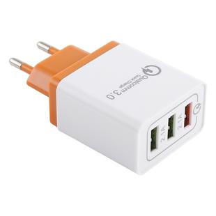 AR-QC-03 2.1A 3 USB Ports Quick Charger Travel Charger, EU Plug (Orange)