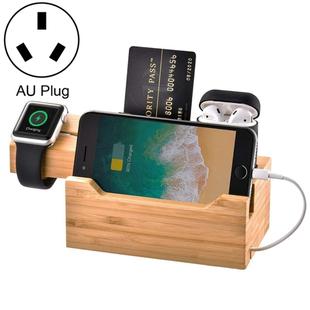 Multi-function Bamboo Charging Station Charger Stand Management Base with 3 USB Ports, For Apple Watch, AirPods, iPhone, AU Plug