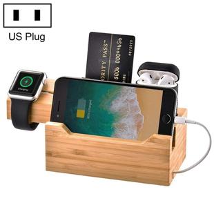 Multi-function Bamboo Charging Station Charger Stand Management Base with 3 USB Ports, For Apple Watch, AirPods, iPhone, US Plug