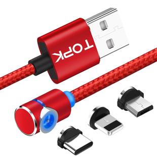 TOPK AM30 1m 2.4A Max USB to 8 Pin + USB-C / Type-C + Micro USB 90 Degree Elbow Magnetic Charging Cable with LED Indicator(Red)
