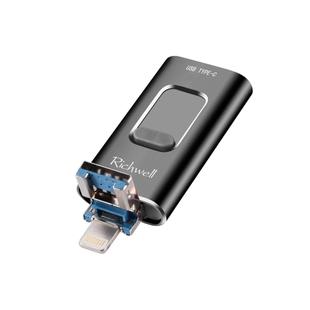 Richwell 3 in 1 64G Type-C + 8 Pin + USB 3.0 Metal Push-pull Flash Disk with OTG Function(Black)