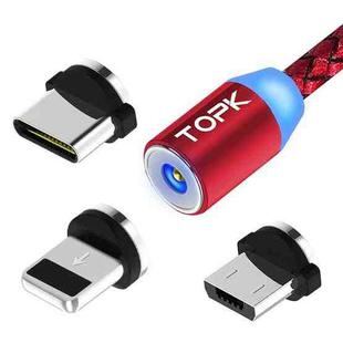 TOPK AM23 2m 2.1A Output USB to 8 Pin + USB-C / Type-C + Micro USB Mesh Braided Magnetic Charging Cable with LED Indicator(Red)