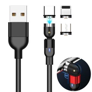 1m 2A Output 3 in 1 USB to 8 Pin + USB-C / Type-C + Micro USB Nylon Braided Rotate Magnetic Charging Cable (Black)