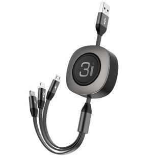 ROCK G3 5V 3.6A 3 in 1 8 Pin + Micro USB + USB-C / Type-C Retractable Fast Charging Data Cable, The Maximum Length: 1.2m(Black)