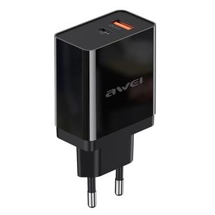 awei C-980 18W PD USB-C / Type-C + QC 3.0 USB Interface Fast Charging Travel Charger, EU Plug(Black)