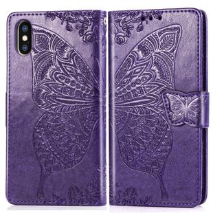 For iPhone X Butterfly Love Flowers Embossing Horizontal Flip Leather Case with Holder & Card Slots & Wallet & Lanyard (Dark Purple)
