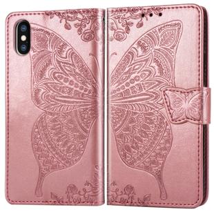 For iPhone X Butterfly Love Flowers Embossing Horizontal Flip Leather Case with Holder & Card Slots & Wallet & Lanyard (Rose Gold)