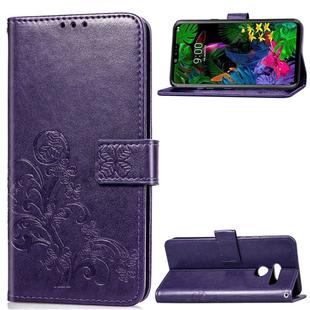 Lucky Clover Pressed Flowers Pattern Leather Case for LG G8 ThinQ, with Holder & Card Slots & Wallet & Hand Strap (Purple)