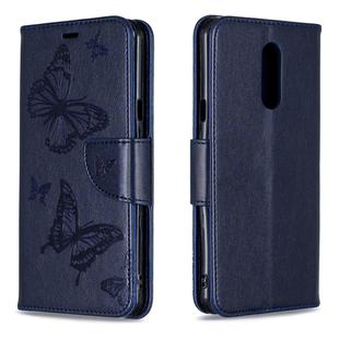 Two Butterflies Embossing Pattern Horizontal Flip Leather Case for LG Q Stylo 5, with Holder & Card Slots & Wallet(Blue)