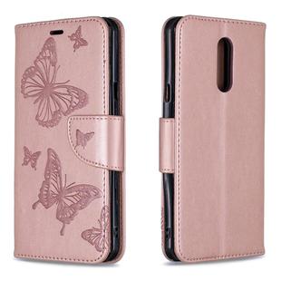 Two Butterflies Embossing Pattern Horizontal Flip Leather Case for LG Q Stylo 5, with Holder & Card Slots & Wallet(Rose Gold)