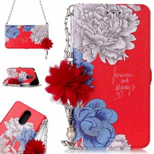 For LG K8 (2017) (EU Version) Red Background Chrysanthemum Pattern Horizontal Flip Leather Case with Holder & Card Slots & Pearl Flower Ornament & Chain