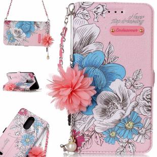 For LG K8 (2017) (EU Version) Pink Background Blue Rose Pattern Horizontal Flip Leather Case with Holder & Card Slots & Pearl Flower Ornament & Chain