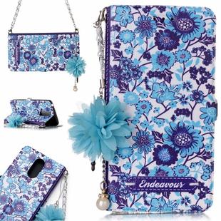 For LG K8 (2017) (EU Version) Blue and White Porcelain Pattern Horizontal Flip Leather Case with Holder & Card Slots & Pearl Flower Ornament & Chain
