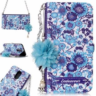 For LG K10 (2017) (EU Version) Blue and White Porcelain Pattern Horizontal Flip Leather Case with Holder & Card Slots & Pearl Flower Ornament & Chain