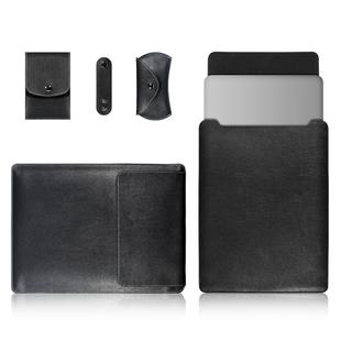 4 in 1 Laptop PU Leather Bag + Power Bag + Cable Tie + Mouse Bag for MacBook 13 inch(Black)