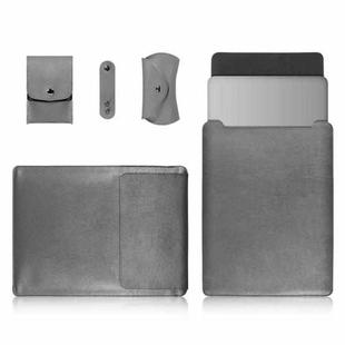 4 in 1 Laptop PU Leather Bag + Power Bag + Cable Tie + Mouse Bag for MacBook 15 inch (Grey)