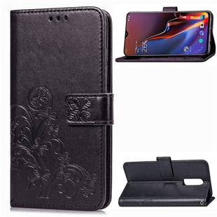 Lucky Clover Pressed Flowers Pattern Leather Case for OnePlus 6T, with Holder & Card Slots & Wallet & Hand Strap(Black)