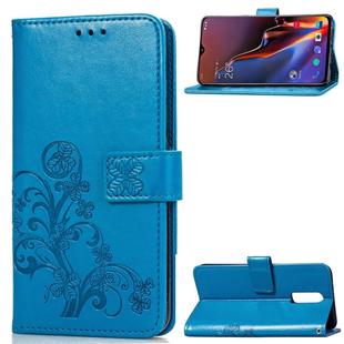 Lucky Clover Pressed Flowers Pattern Leather Case for OnePlus 6T, with Holder & Card Slots & Wallet & Hand Strap (Blue)