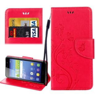 For Huawei Y6 II Butterflies LOVE for  Flowers Embossing Horizontal Flip Leather Case with Holder & Card Slots & Wallet & Lanyard(Red)