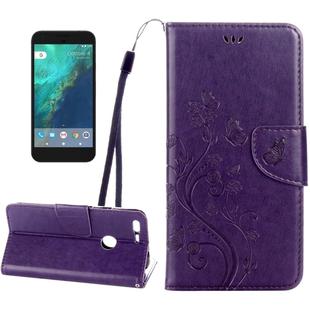 For Google Pixel Butterflies Love Flowers Embossing Horizontal Flip Leather Case with Holder & Card Slots & Wallet & Lanyard(Dark Purple)