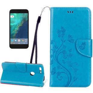 For Google Pixel Butterflies Love Flowers Embossing Horizontal Flip Leather Case with Holder & Card Slots & Wallet & Lanyard(Blue)