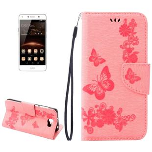 For Huawei  Y5II Pressed Flowers Butterfly pattern Horizontal Flip Leather Case with Magnetic Buckle & Holder & Card Slots & Wallet(Pink)