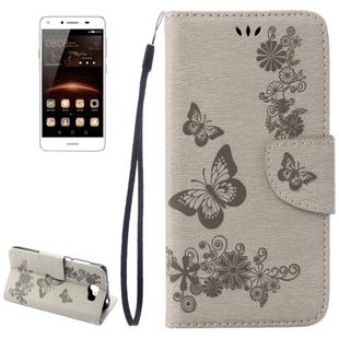 For Huawei  Y5II Pressed Flowers Butterfly pattern Horizontal Flip Leather Case with Magnetic Buckle & Holder & Card Slots & Wallet(Grey)