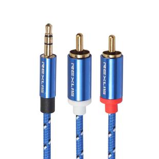 REXLIS 3610 3.5mm Male to Dual RCA Gold-plated Plug Blue Cotton Braided Audio Cable for RCA Input Interface Active Speaker, Length: 3m