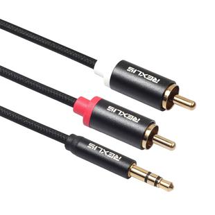 REXLIS 3635 3.5mm Male to Dual RCA Gold-plated Plug Black Cotton Braided Audio Cable for RCA Input Interface Active Speaker, Length: 0.5m