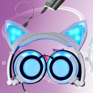 USB Charging Foldable Glowing Cat Ear Headphone Gaming Headset with LED Light & AUX Cable, For iPhone, Galaxy, Huawei, Xiaomi, LG, HTC and Other Smart Phones(White)