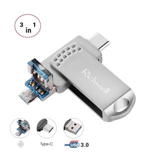 Richwell 3 in 1 64G Type-C + Micro USB + USB 3.0 Metal Flash Disk with OTG Function(Silver)