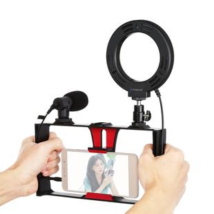 PULUZ 3 in 1 Vlogging Live Broadcast Smartphone Video Rig + Microphone +  4.7 inch 12cm Ring LED Selfie Light Kits with Cold Shoe Tripod Head for iPhone, Galaxy, Huawei, Xiaomi, HTC, LG, Google, and Other Smartphones(Red)