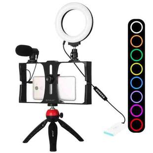 PULUZ 4 in 1 Vlogging Live Broadcast Smartphone Video Rig + 4.7 inch 12cm RGBW Ring LED Selfie Light + Microphone + Pocket Tripod Mount Kits with Cold Shoe Tripod Head(Red)