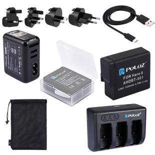 PULUZ 10 in 1 AHDBT-501 3.85V 1220mAh Battery + AHDBT-501 3-channel Battery Charger +  Mesh Storage Bag + Battery Storage Box + 2-Port USB 5V (2.1A + 2.1A) Wall Charger Kits for GoPro HERO7 /6 /5