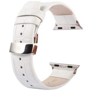 Kakapi for Apple Watch 38mm Crocodile Texture Double Buckle Genuine Leather Watch Band with Connector(White)