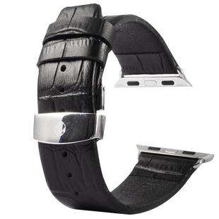 Kakapi for Apple Watch 42mm Crocodile Texture Double Buckle Genuine Leather Watch Band with Connector(Black)