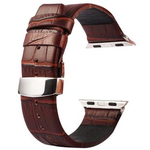 Kakapi for Apple Watch 42mm Crocodile Texture Double Buckle Genuine Leather Watch Band with Connector(Coffee)