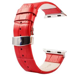 Kakapi for Apple Watch 42mm Crocodile Texture Double Buckle Genuine Leather Watchband with Connector(Red)