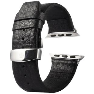 Kakapi for Apple Watch 38mm Buffalo Hide Double Buckle Genuine Leather Watch Band with Connector(Black)