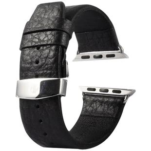 Kakapi for Apple Watch 42mm Buffalo Hide Double Buckle Genuine Leather Watch Band with Connector(Black)