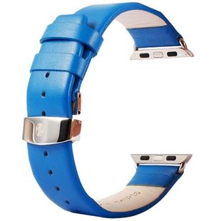 Kakapi for Apple Watch 38mm Subtle Texture Double Buckle Genuine Leather Watch Band with Connector(Blue)